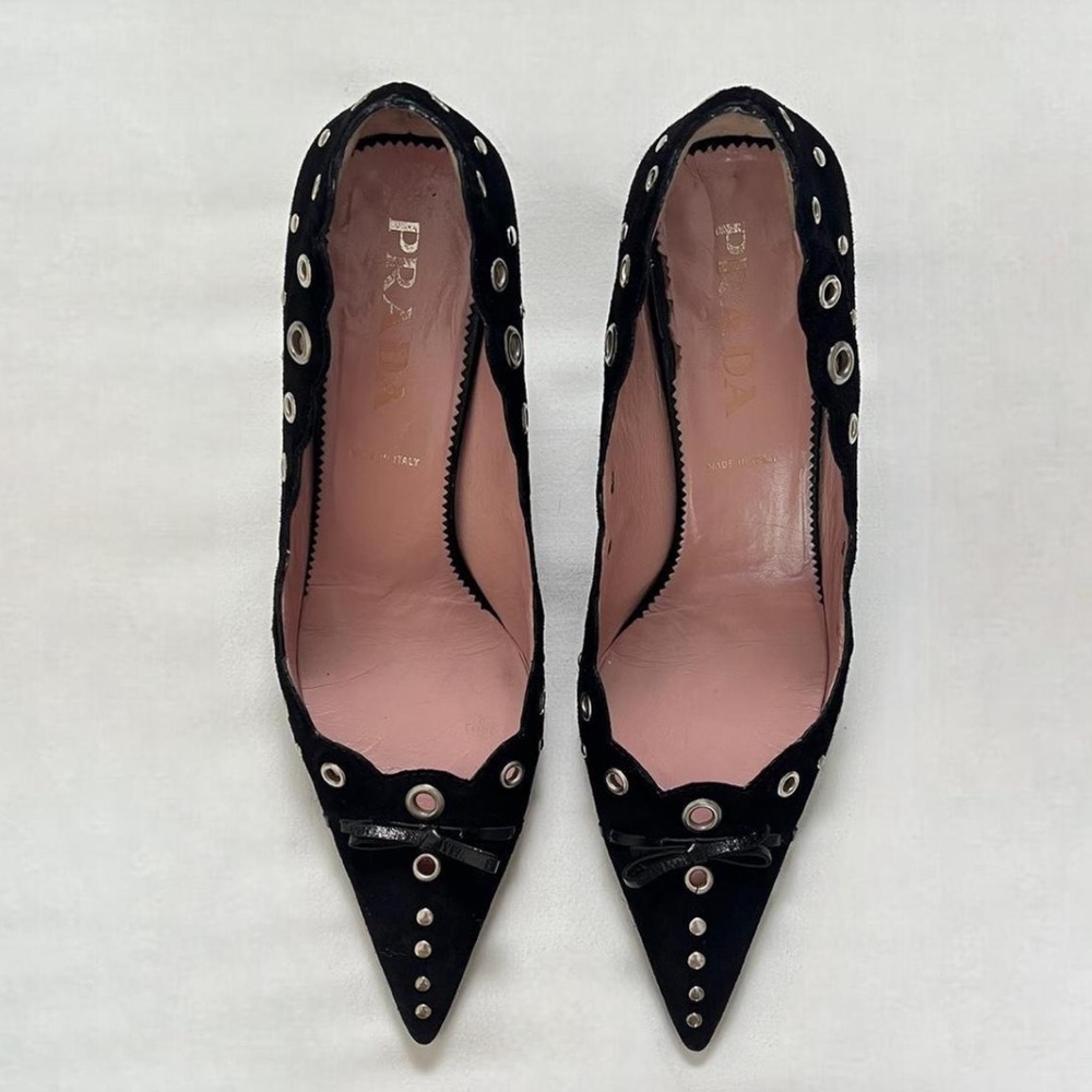 Prada Black Suede Pointed-Toe Pumps with Eyelet and Stud Accents